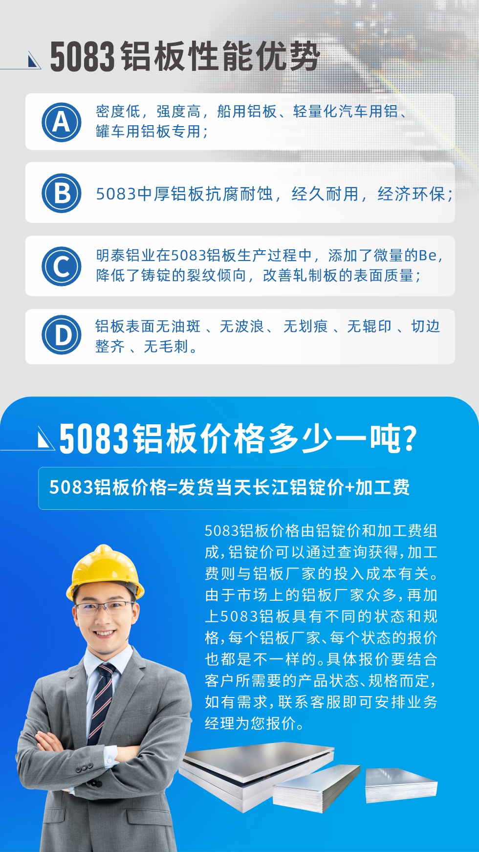5083鋁板性能優(yōu)勢:1、密度低，強度高，船用鋁板、輕量化汽車用鋁、罐車用鋁板專用；2、5083中厚鋁板抗腐耐蝕，經久耐用，經濟環(huán)保；3、明泰鋁業(yè)在5083鋁板生產過程中，添加了微量的Be，降低了鑄錠的裂紋傾向，改善軋制板的表面質量；4、鋁板表面無油斑 、無波浪、 無劃痕 、無輥印 、切邊整齊 、無毛刺。
5083鋁板價格信息:5083鋁板價格由鋁錠價和加工費組成，鋁錠價可以通過查詢獲得，加工費則與鋁板廠家的投入成本有關。由于市場上的鋁板廠家眾多，再加上5083鋁板具有不同的狀態(tài)和規(guī)格，每個鋁板廠家、每個狀態(tài)的報價也都是不一樣的。具體報價要結合客戶所需要的產品狀態(tài)、規(guī)格而定，如有需求，聯系客服即可安排業(yè)務經理為您報價。
5083鋁板價格=發(fā)貨當天長江鋁錠價+加工費。
5083鋁板廠家:河南明泰鋁業(yè)生產5083鋁合金薄板、5083熱鋁板、5083中厚鋁板、5083船用鋁板、5083花紋鋁板等等，按需定制生產，規(guī)格齊全，歡迎來廠考察參觀，更多相關產品詳細信息和優(yōu)惠報價，可點擊右側在線咨詢，也可撥打咨詢電話：0371-67898708快速獲取!