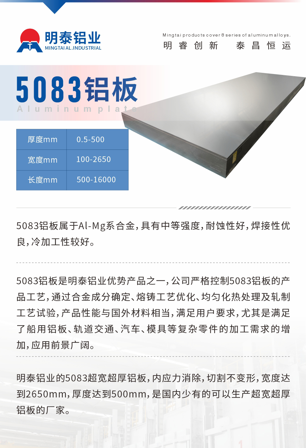 5083鋁板屬于Al-Mg系合金，具有中等強度，耐蝕性好，焊接性優(yōu)良，冷加工性較好。
　　5083鋁板是明泰鋁業(yè)優(yōu)勢產品之一，公司嚴格控制5083鋁板的產品工藝，通過合金成分確定、熔鑄工藝優(yōu)化、均勻化熱處理及軋制工藝試驗，產品性能與國外材料相當，滿足用戶要求，尤其是滿足了船用鋁板、軌道交通、汽車、模具等復雜零件的加工需求的增加，應用前景廣闊。
　　明泰鋁業(yè)的5083超寬超厚鋁板，內應力消除，切割不變形，寬度達到2650mm，厚度達到500mm，是國內少有的可以生產超寬超厚鋁板的廠家。